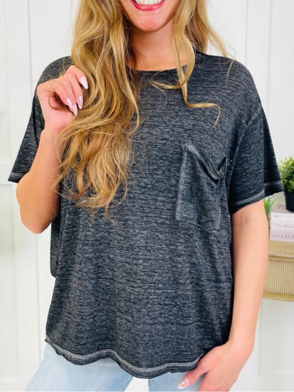 Zenana Dark Heather Gray Short Sleeve Pocket Tee
